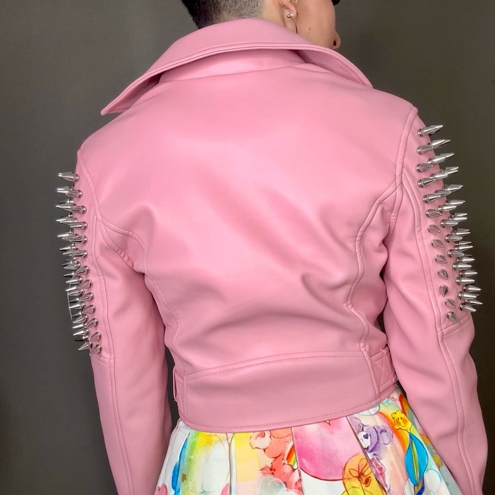 Killstar Disharmony Spike Studded Pink Vegan Leather Moto Jacket - Picture 9 of 13